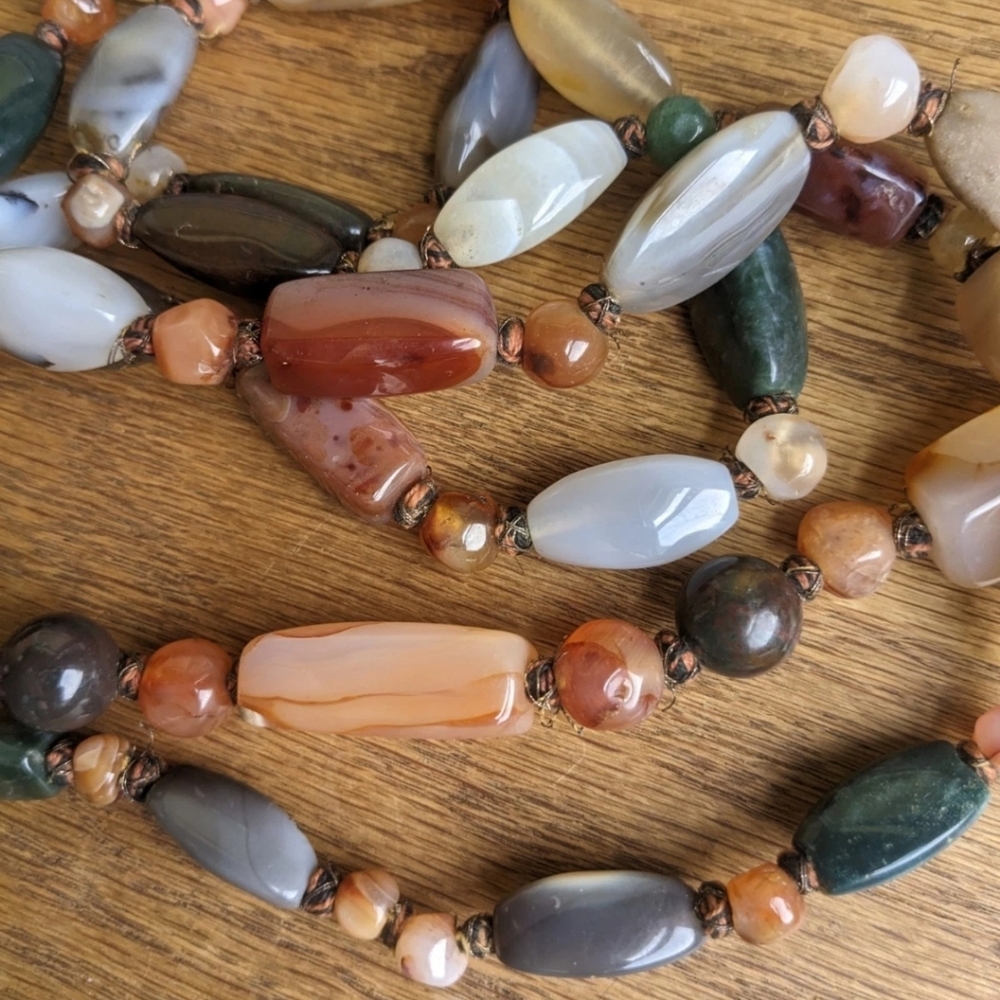 Vintage Boho Natural Agate Gemstone Necklace Multi Color 52" Long Hand Tied